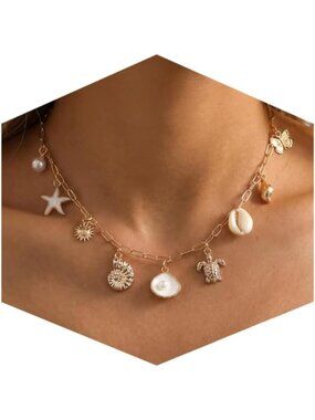 Women's White Plated Layered Pendan Dainty Coastal Charm,Shell Starfish Necklace